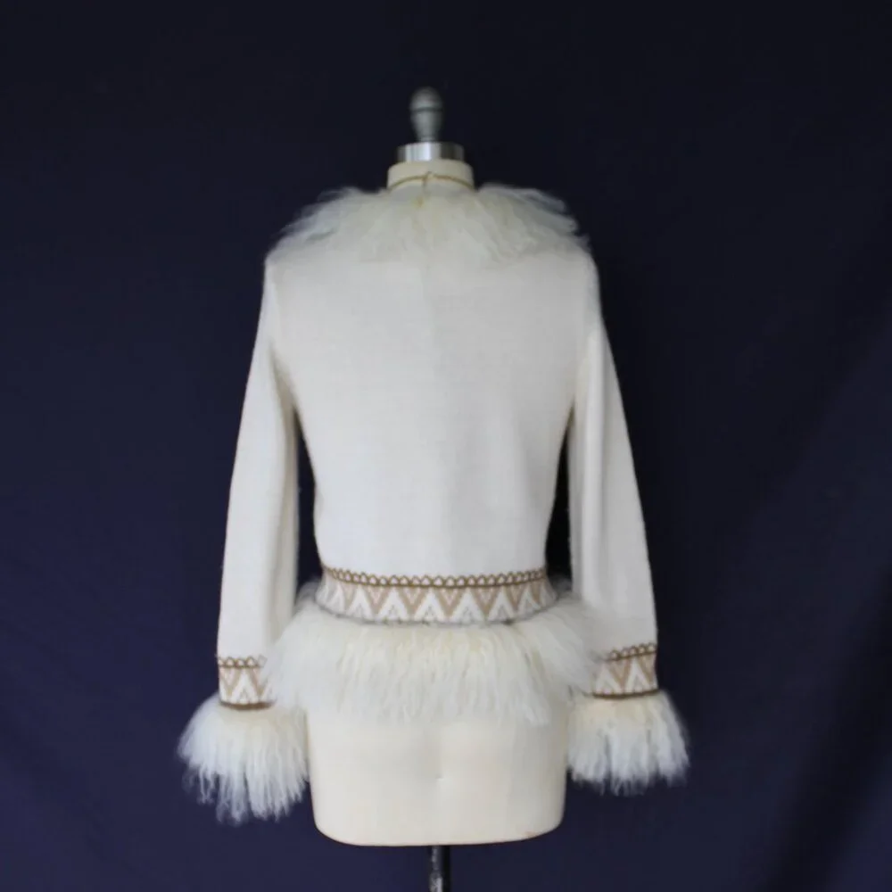 vintage Mongolian Curley lamb wool cardigan cowichan sweater jacket aplique M - Picture 10 of 12